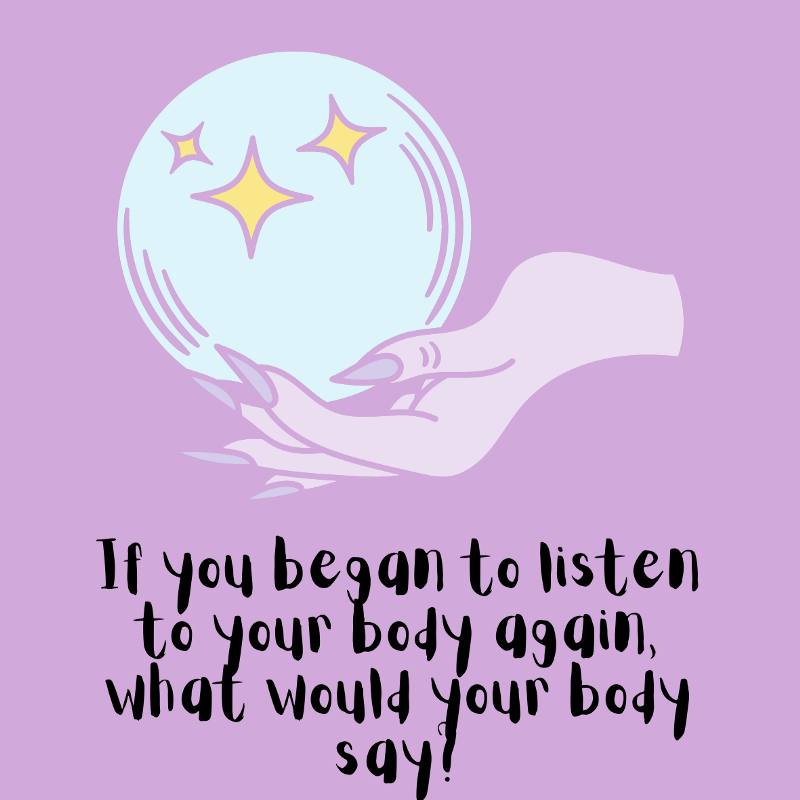 An illustration from Canva on a light pink background of a pink tinged hand with long purple fingernails holding a light blue crystal ball with yellow stars on it. The black text at the bottom of the image reads: What stories does your body carry?